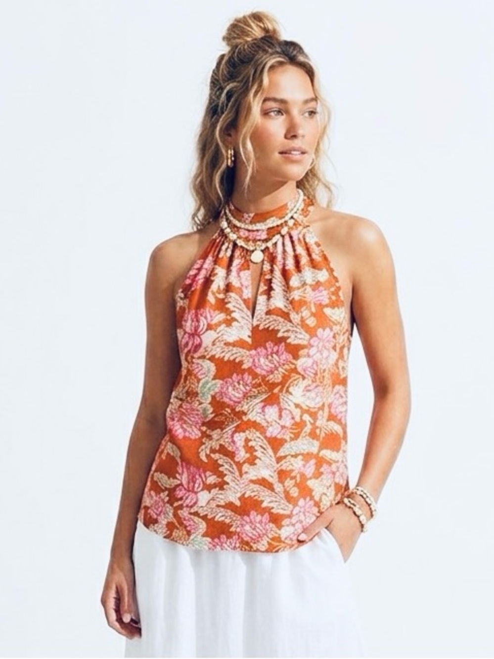 Rachel Roy Floral Halter Top Orange Pink Keyhole Blouse Small NWT